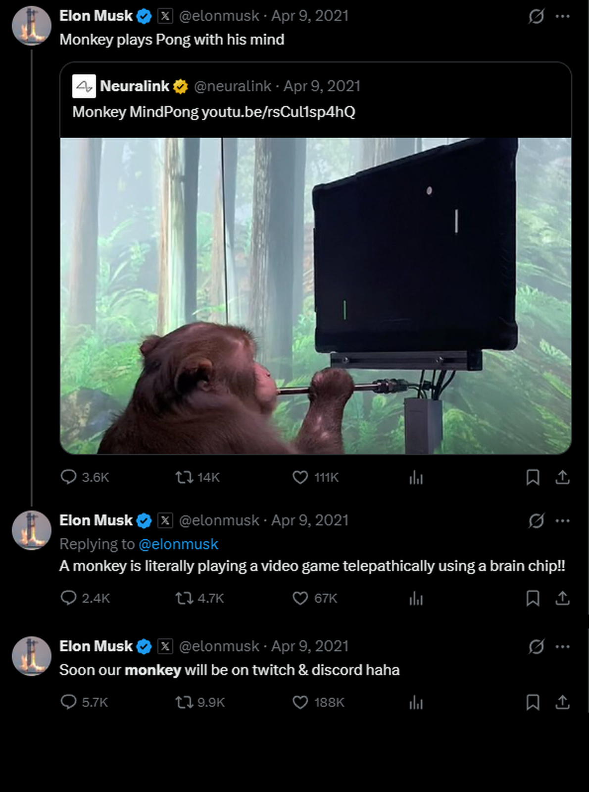 Elon Musk tweets from 9 April 2021 about a monkey playing a video game using a Neuralink brain chip